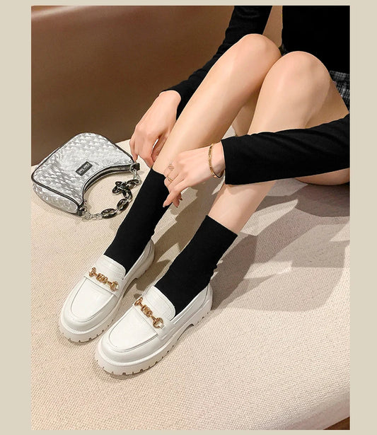 Luxury Brand Woman Loafers Women's Spring Autumn Leather Embossed Thick Sole Round Toe Retro British Style Slip-On Women's Shoes