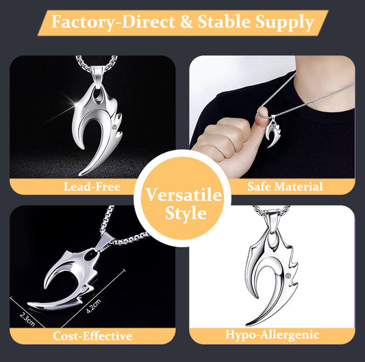 Unisex Stainless Steel Silver Low Allergy Anti Fading Flame Wolf Tooth Pendant Chain Necklace