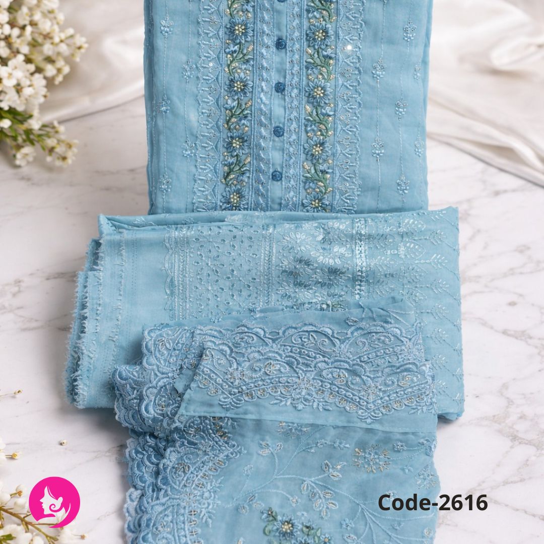 Indian Unstitched Organza Tissu Shalwar Kamiz Four Piece Party Dress For Women (4 Piece) - Dress For Girls