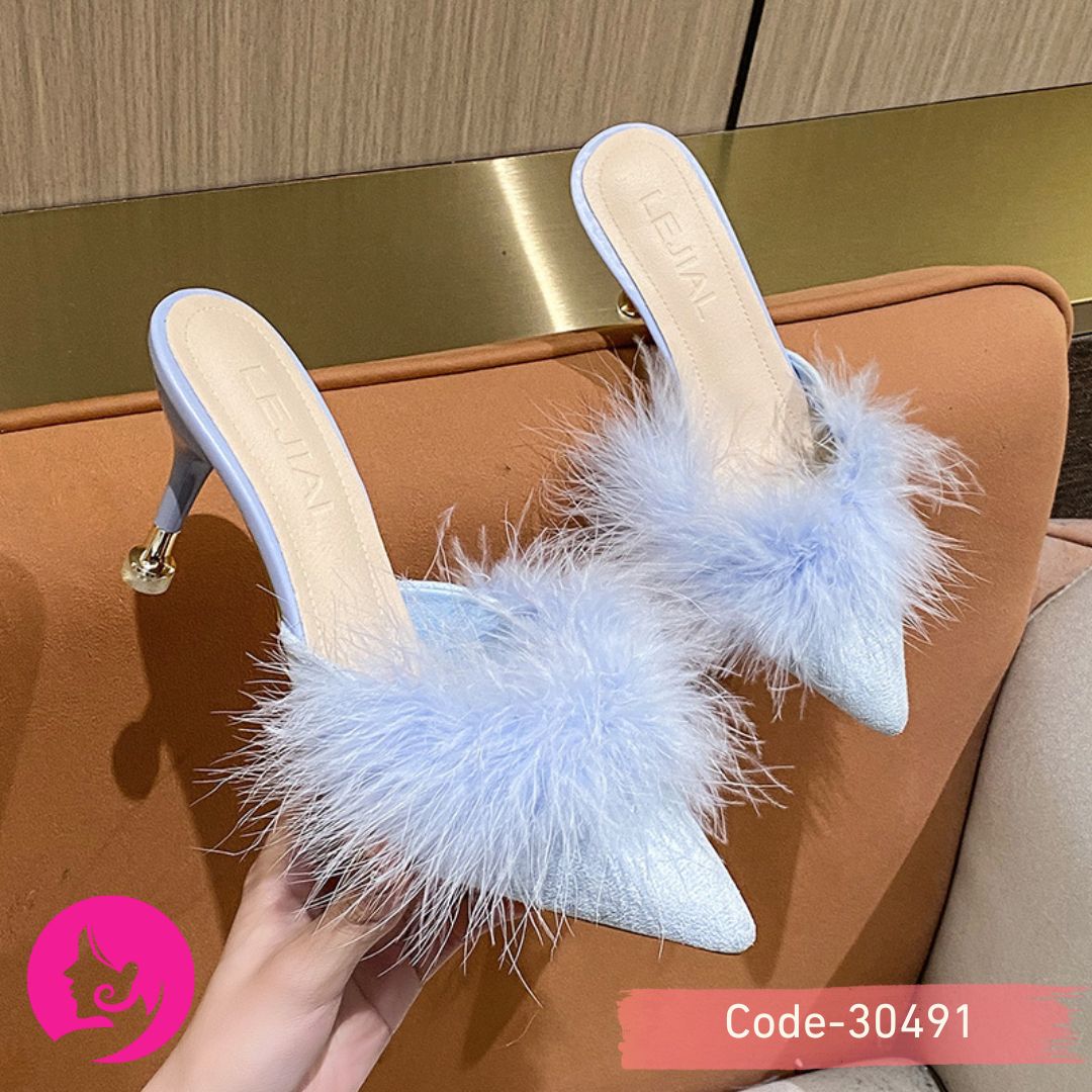 Chic Furry Korean-Style Pointy Toe Heels – Elegant Faux-Fur Trim Women’s Pumps