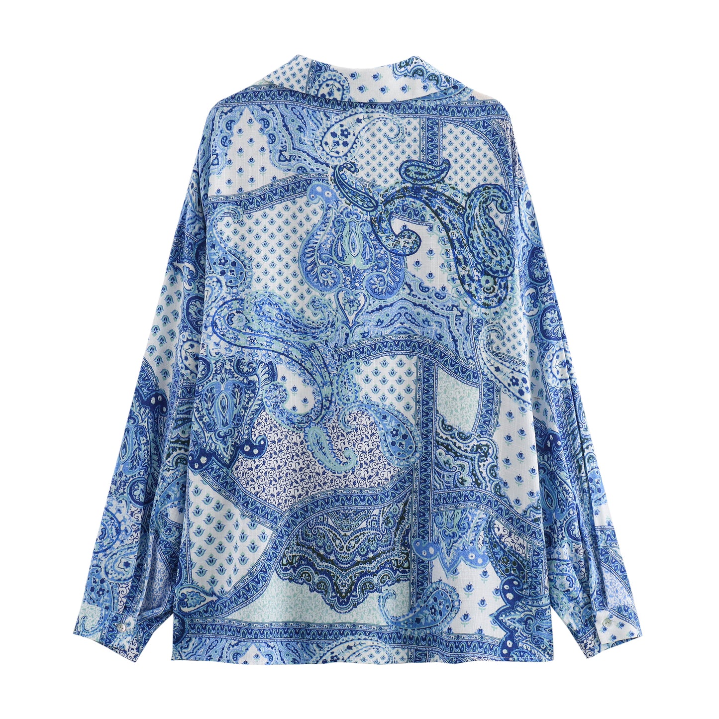 Women’s Blue Floral Print Button-Up Blouse – Long Sleeve Turn-Down Collar Casual Top