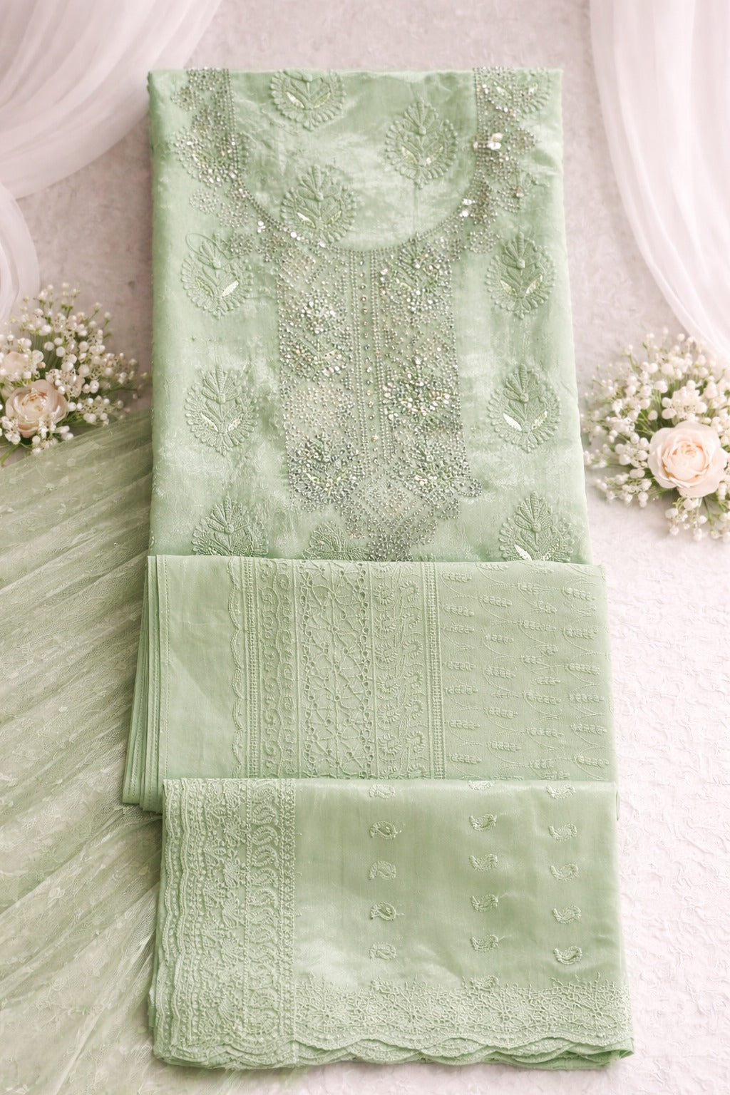 Beautiful Readymade Wet Lace Georgette Stone & Lace Work Three Piece collection