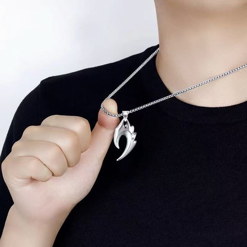 Unisex Stainless Steel Silver Low Allergy Anti Fading Flame Wolf Tooth Pendant Chain Necklace