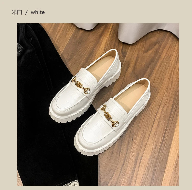 Luxury Brand Woman Loafers Women's Spring Autumn Leather Embossed Thick Sole Round Toe Retro British Style Slip-On Women's Shoes