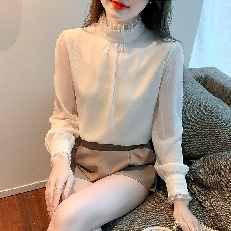 Women’s Beaded Stand Collar Chiffon Blouse – Long Sleeve Elegant Top