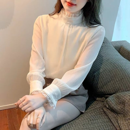 Stand Collar Beaded Chiffon Top