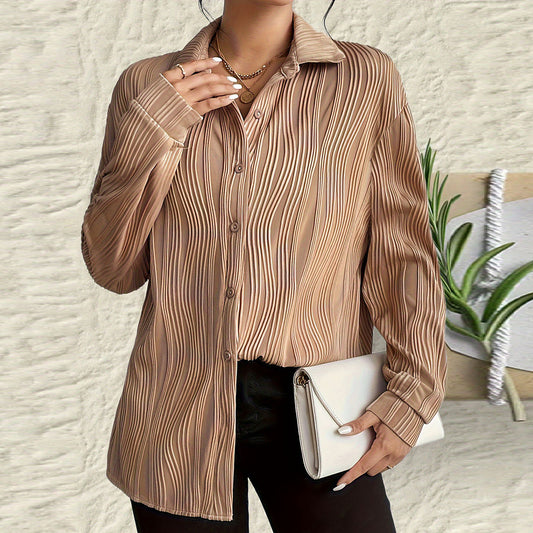 Women’s Textured Button Shirt with Ruffled Fold Collar – Stylish Fashion Top