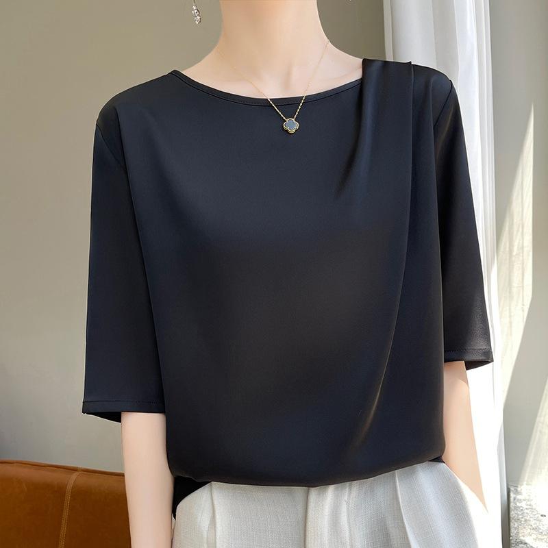Silky Satin Neck Anti-Pilling Women's T-Shirt Tops Loose Versatile Layered Light Breathable Short Sleeves Trendy Solid