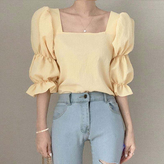 Women’s Square Neck Chiffon Blouse – Puff Sleeve Summer Korean Fashion Top