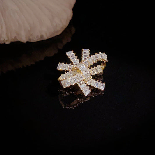 Diamond Bow Petal Brooch – Gold-Plated Floral Pin in White/Black for Women