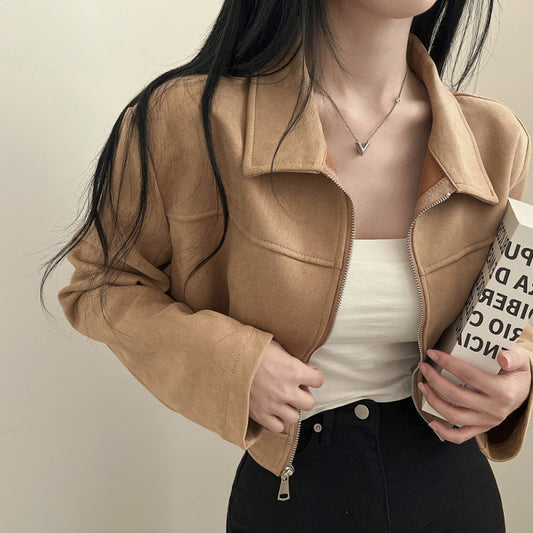 Women’s Korean Chic Suede Jacket – French Retro Slim-Fit Zipper Lapel Short Coat