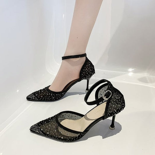 High Heels Sexy Black mesh high Heels Women's Summer Pointed Crystal Pump Women's Shiny Ankle Strap Party Shoes