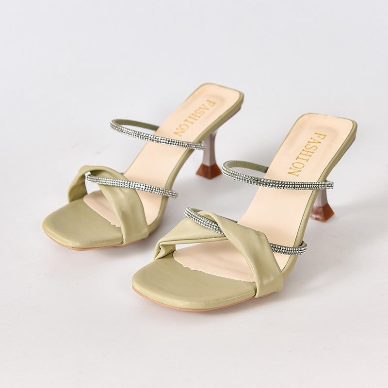 New Ladies Pleated Elegant High Heeled Sandal Women's Block Heel Rhinestones Open Toe Fashion Sandals Women slippers