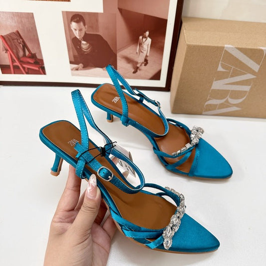Zara-Style Peacock Blue Heels – Sparkle in Every Step