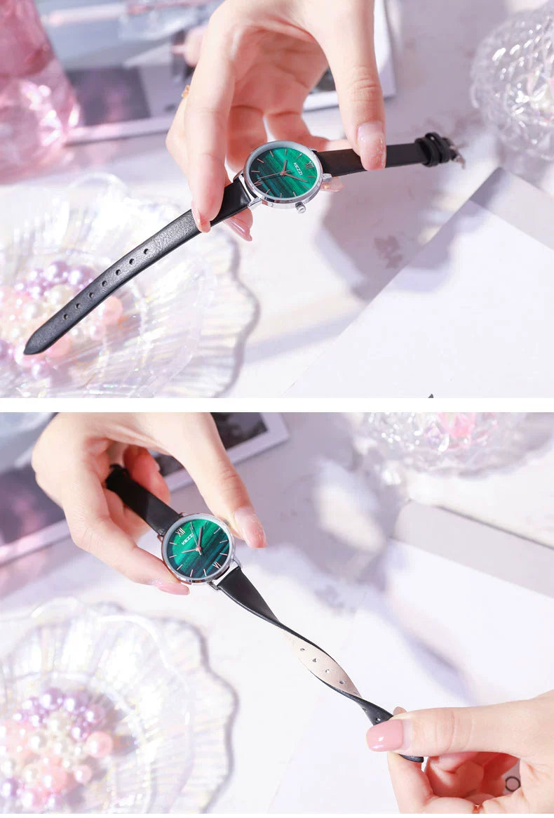 Kezzi 1851 Little Green Watch – White Shell Gold Women’s Quartz Watch, 30M Waterproof