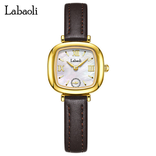 Laboli Golden Shell Women’s Square Quartz Watch – 30M Waterproof with Genuine Leather Strap