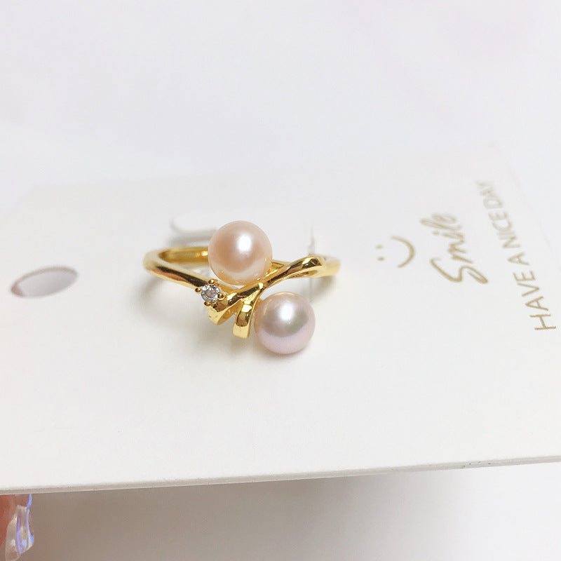 SHDIYAYUN Adjustable Pearl Ring – 6–7mm Flat Round Gold Open Band (White/Fuchsia/Purple)