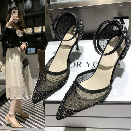 Roman-Inspired Mesh Pointed Toe Heels with Bold Buckle – Elegant Statement Shoes