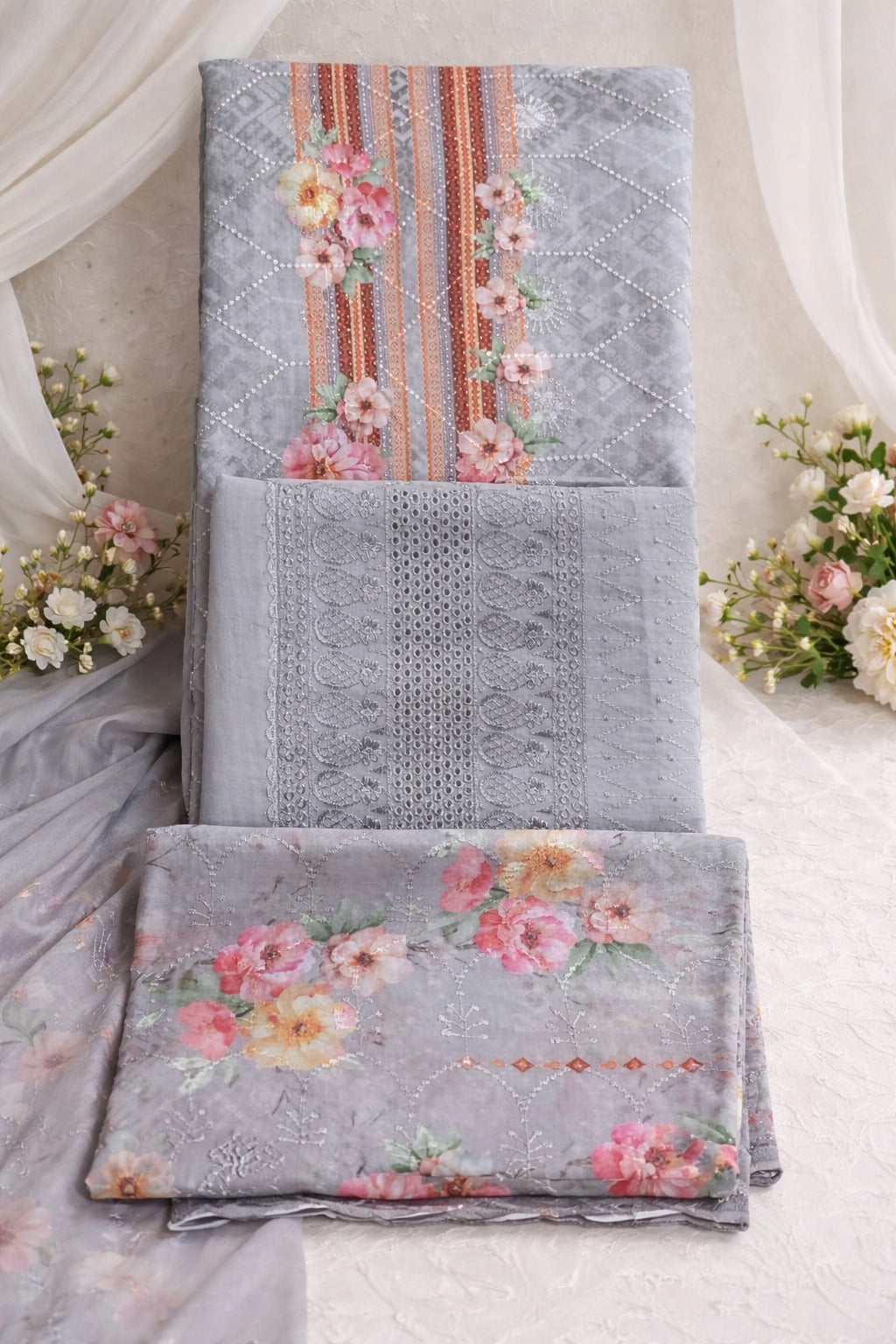 Indian New Stylish Exclushive Collection Weatless Goergett Computer Abroydary Work Three Piece Salower Kameez For Women - 3 Pice Dress -