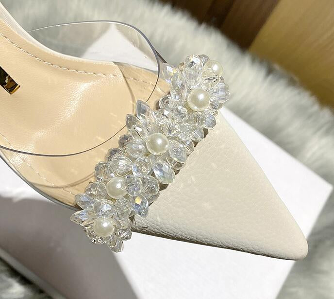 New Hot Selling Transparent Pointed Toe Stiletto Closed Toe White Women's Wedding Shoes