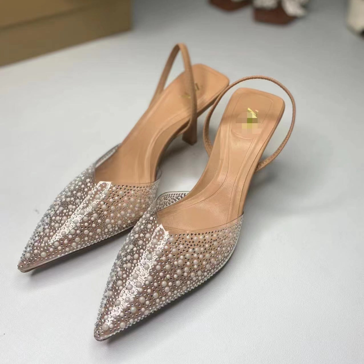 H158-453 Hot Clear Heeled Sandals Fashion Women Shoes Custom Logo Sweet Pearl Slingback Sandals Dress Party Pearls Heels Stock