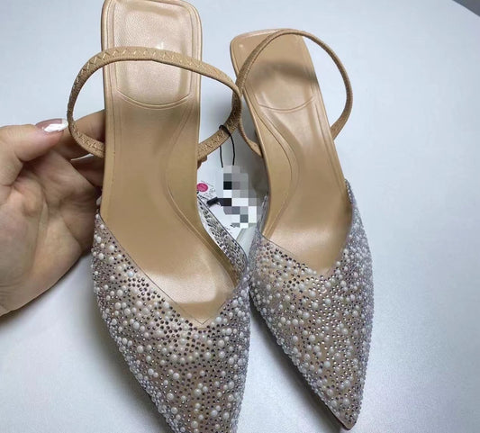 H158-453 Hot Clear Heeled Sandals Fashion Women Shoes Custom Logo Sweet Pearl Slingback Sandals Dress Party Pearls Heels Stock
