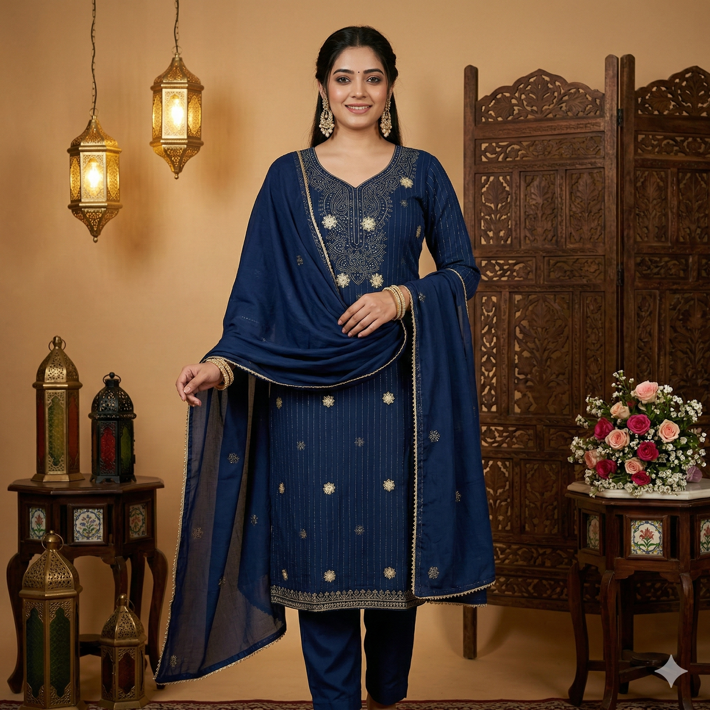 Beautiful Readymade Wet Lace Georgette Stone & Lace Work Three Piece collection