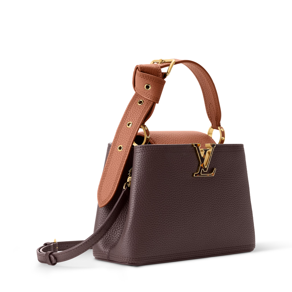Premium Chocolate Brown Handbag with Tan Top Handle & Gold-Tone Hardware