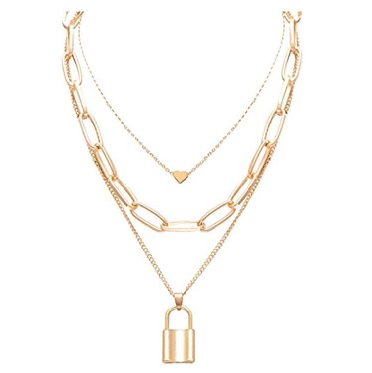 Gold Plated Layered Lock Pendant Necklace for Women