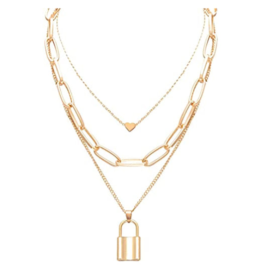 Gold Plated Layered Lock Pendant Necklace for Women