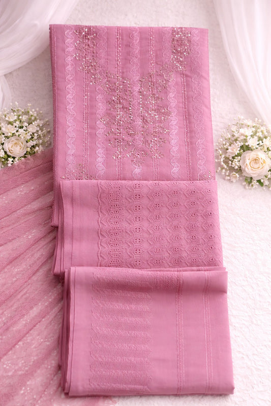 Beautiful Readymade Wet Lace Georgette Stone & Lace Work Three Piece collection