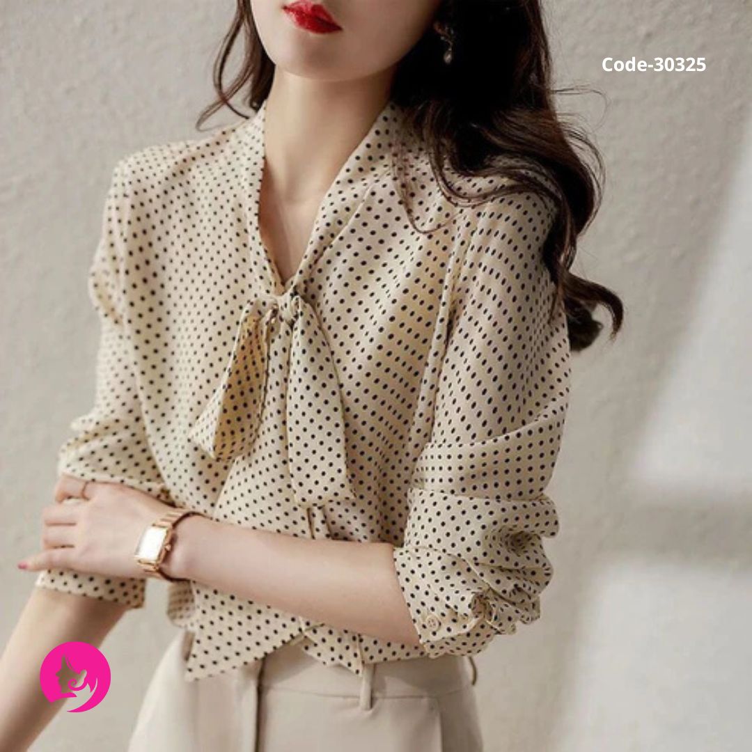 Retro Polka Dot Long Shirt – Extra-Long Sleeves & Scarf Collar Design
