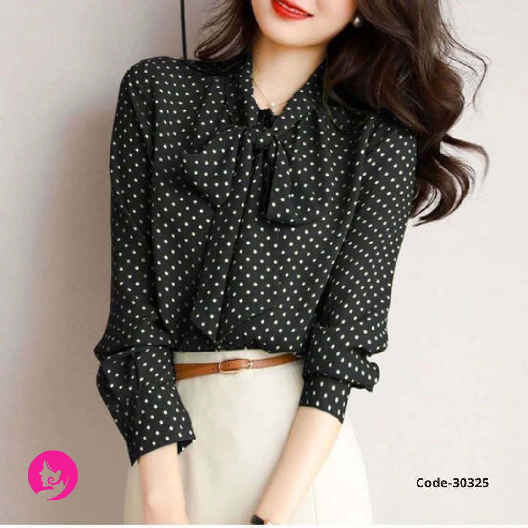 Retro Polka Dot Long Shirt – Extra-Long Sleeves & Scarf Collar Design