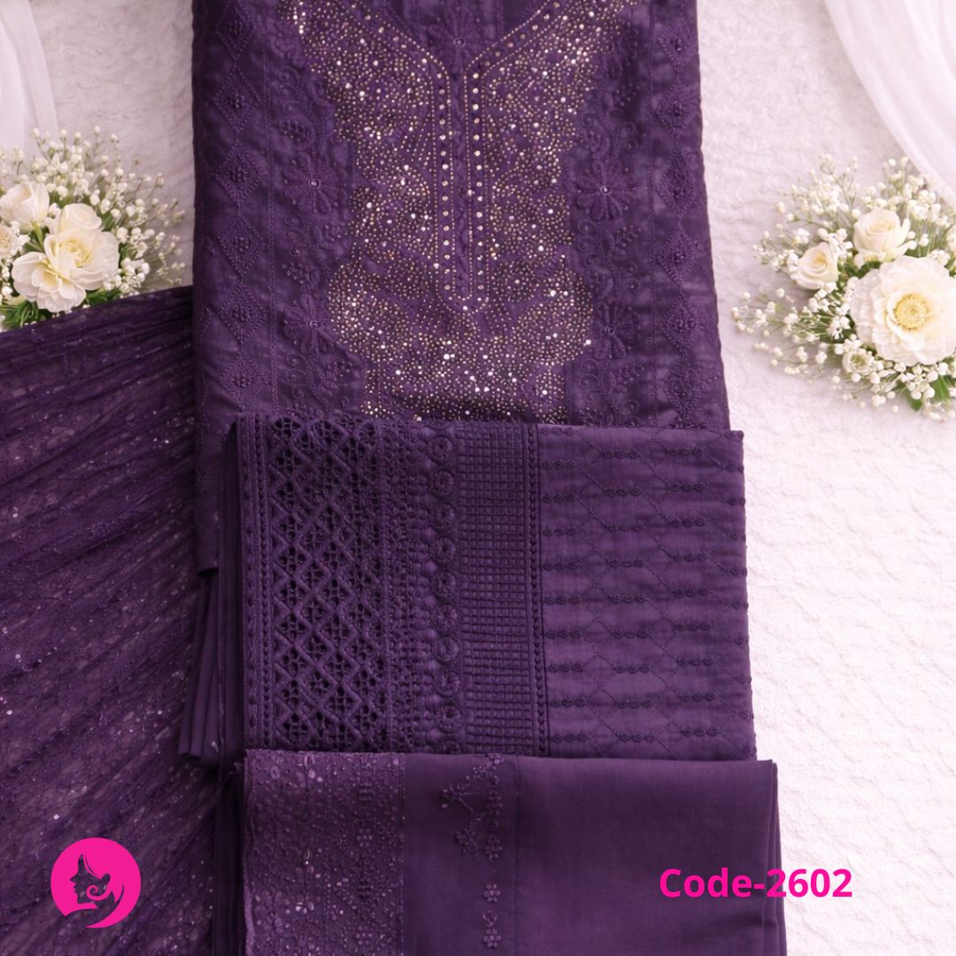 Beautiful Readymade Wet Lace Georgette Stone & Lace Work Three Piece collection