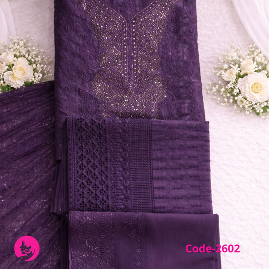 Beautiful Readymade Wet Lace Georgette Stone & Lace Work Three Piece collection