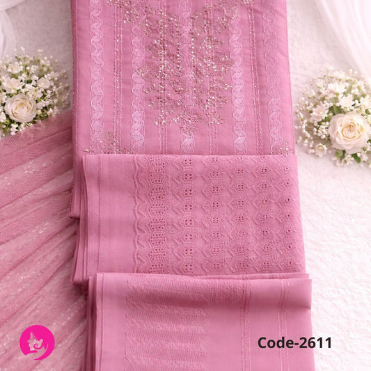 Beautiful Readymade Wet Lace Georgette Stone & Lace Work Three Piece collection