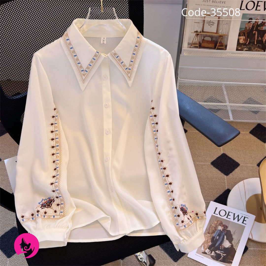 Long Sleeve White Fashion Retro Temperament Blouse Embroidered Shirt for Women