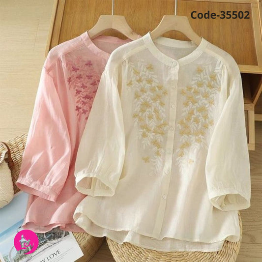 Women’s Cotton Embroidered Loose Shirt | Literary Retro Stand Collar Summer Top