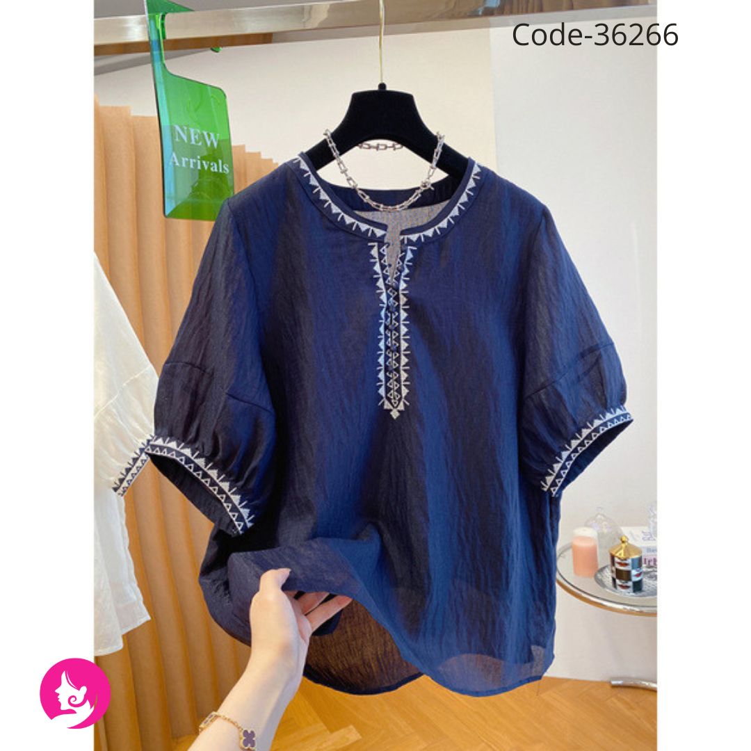 Bohemian Embroidered Tencel Shirt for Women | Loose Summer Round Neck Top