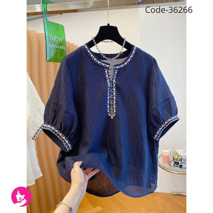 Bohemian Embroidered Tencel Shirt for Women | Loose Summer Round Neck Top