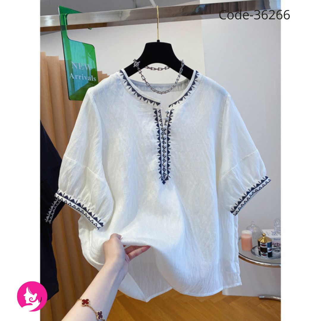 Bohemian Embroidered Tencel Shirt for Women | Loose Summer Round Neck Top