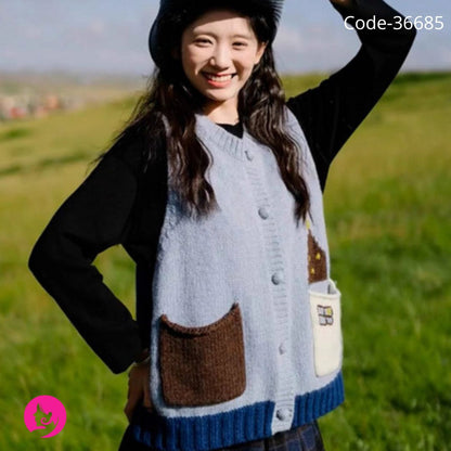 French Retro Blue Cartoon Knit Cardigan for Women – Soft, Cozy & Chic Autumn Sweater