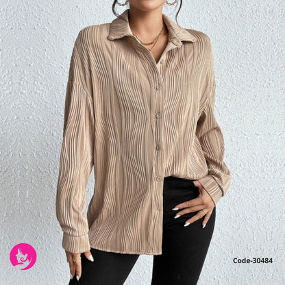 Women’s Textured Button Shirt with Ruffled Fold Collar – Stylish Fashion Top