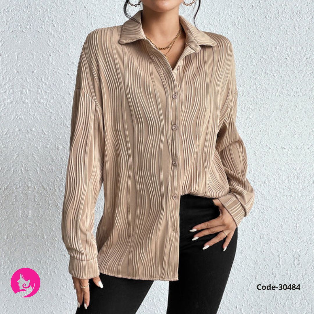 Women’s Textured Button Shirt with Ruffled Fold Collar – Spring & Winter Fashion Top