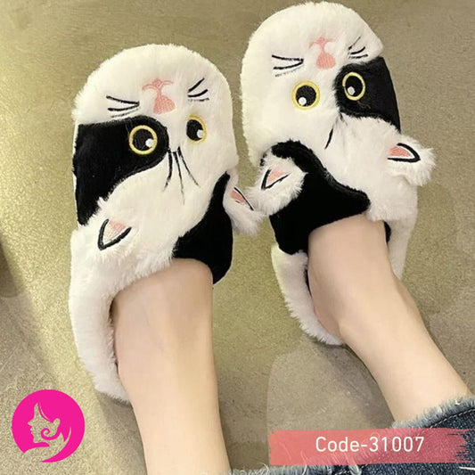 Cute Cat Face Slippers – Warm Wool Indoor EVA Shoes (Black & Brown)