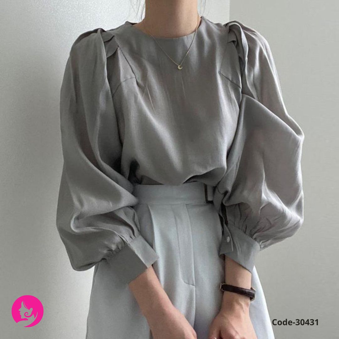 Chic Grey Loose-Fit Scarf Top – Cozy Long Sleeve Round Neck Blouse