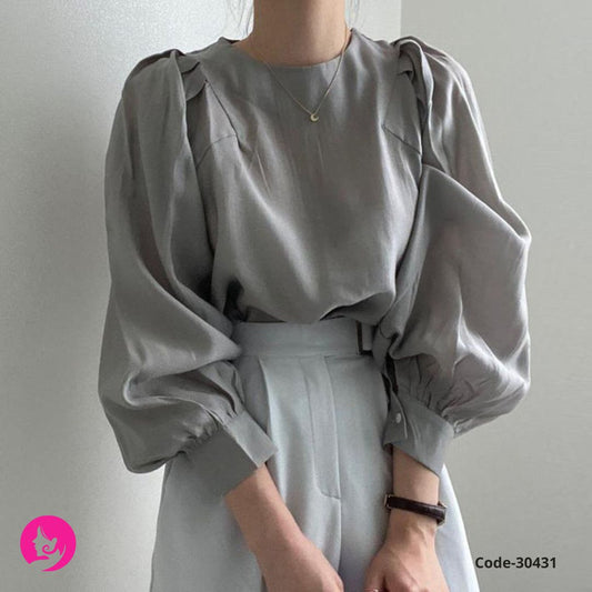 Chic Grey Loose-Fit Scarf Top – Cozy Long Sleeve Round Neck Blouse