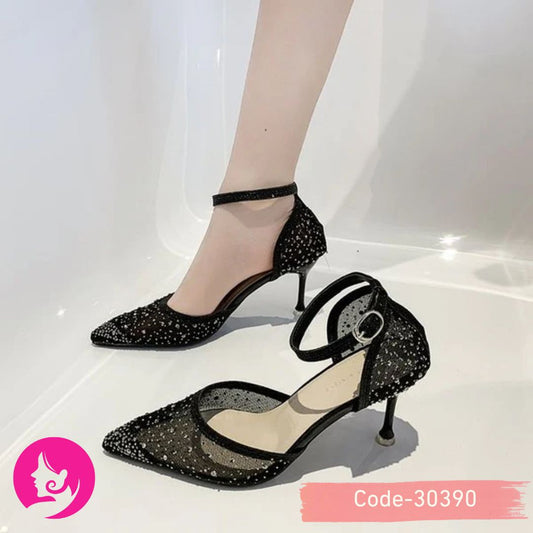 High Heels Sexy Black mesh high Heels Women's Summer Pointed Crystal Pump Women's Shiny Ankle Strap Party Shoes