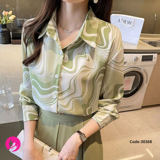 Women’s Loose Chiffon Shirt – Green Stripe French Vintage Button Blouse