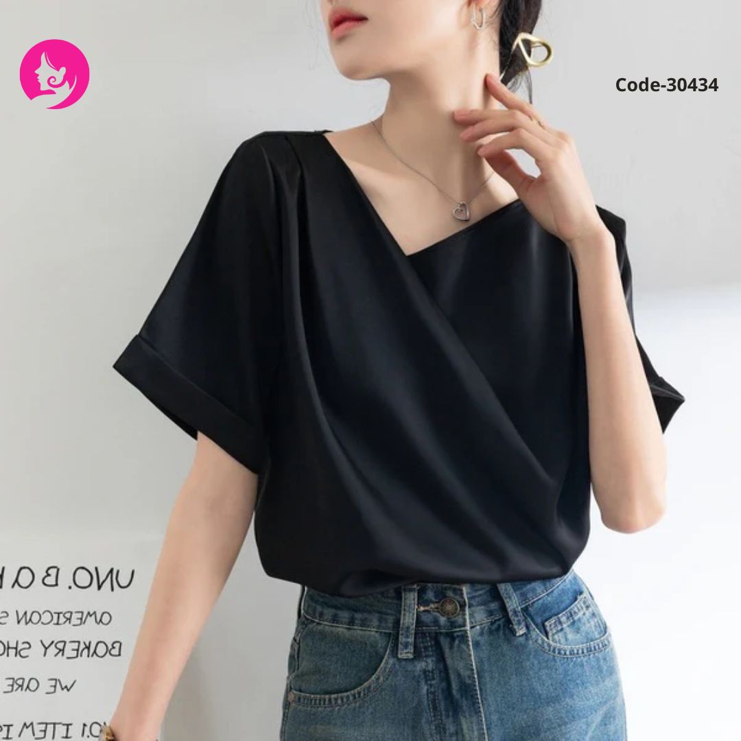 Silky Satin Neck Anti-Pilling Women's T-Shirt Tops Loose Versatile Layered Light Breathable Short Sleeves Trendy Solid